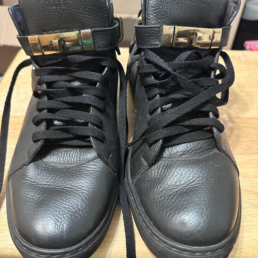Buscemi Black Leather High-Top Sneakers with Gold Hardware